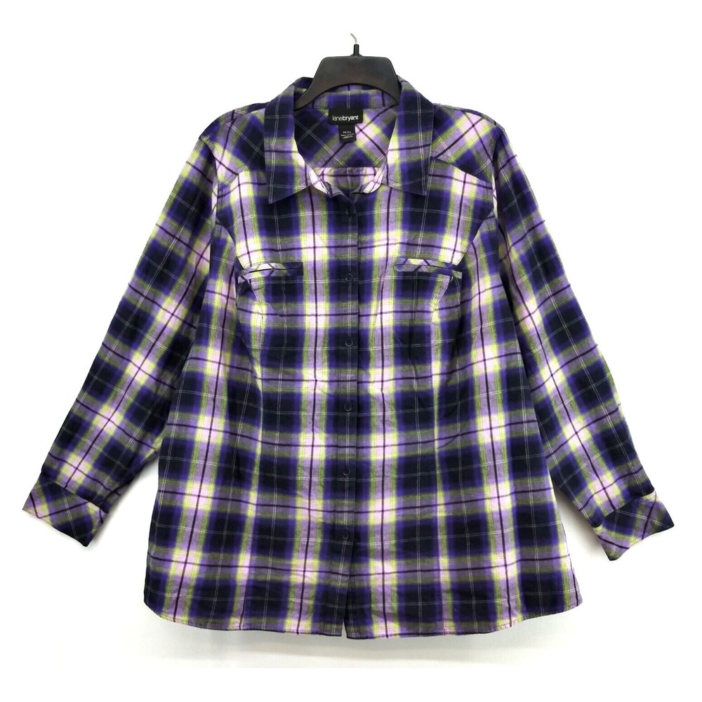Lane Bryant Shirt Women Size 22/24 Purple Plaid Long Sleeve Flannel Button Up